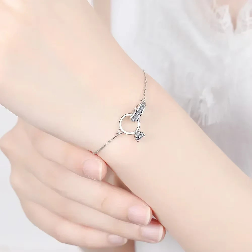 925 Sterling Silver Simple Geometric Double Ring Women's Zircon Bracelet, Lock The Vows, Luxury Jewelry Accessories
