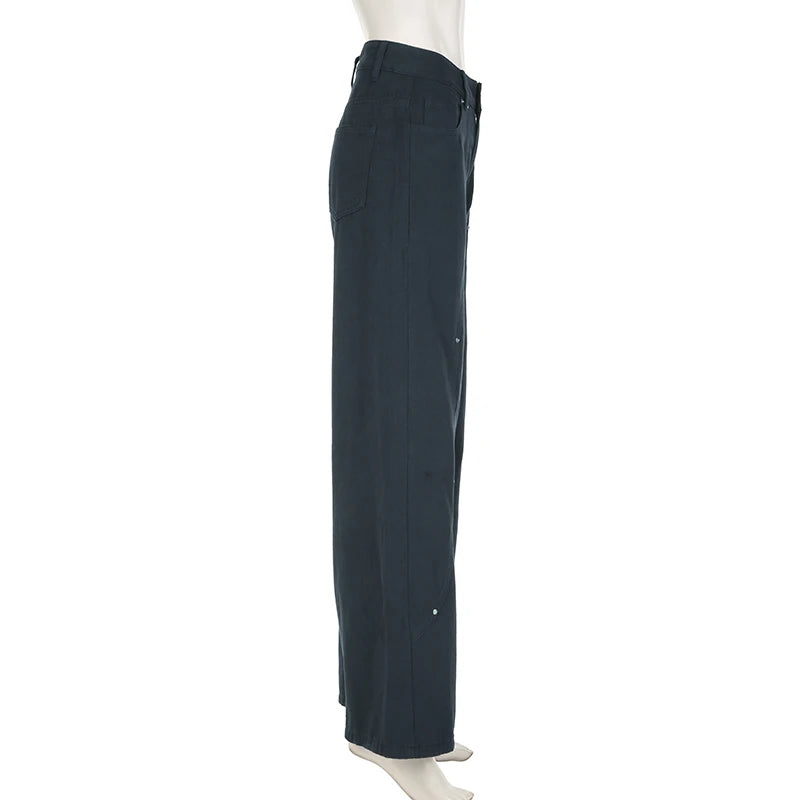 IAMSURE Casual Loose Rivet Jeans Wide Leg Pants Basic Low-Waisted Straight Pants Women 2025 Spring Autumn Streetwear Ladies