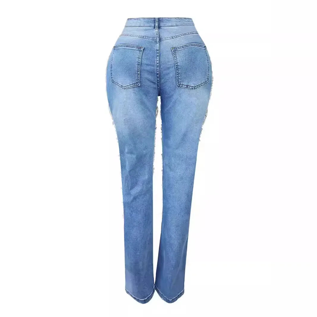 Ripped Jeans for Women Straight Pants Diamonds Chain Stretch Distressed High Waist Floor Length 2025 Streetwear Denim Trousers