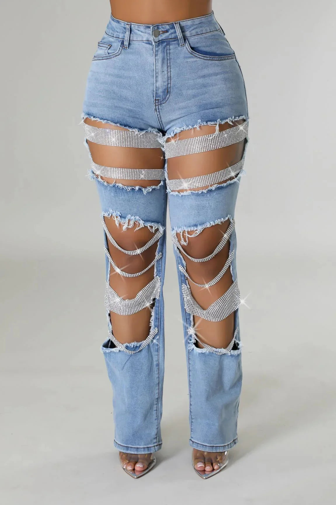 Ripped Jeans for Women Straight Pants Diamonds Chain Stretch Distressed High Waist Floor Length 2025 Streetwear Denim Trousers