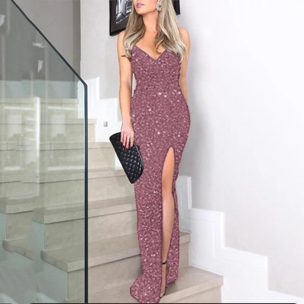 Sexy summer 2025 new European and American women's clothing fashion dress with straps, sequins and slit evening dress.