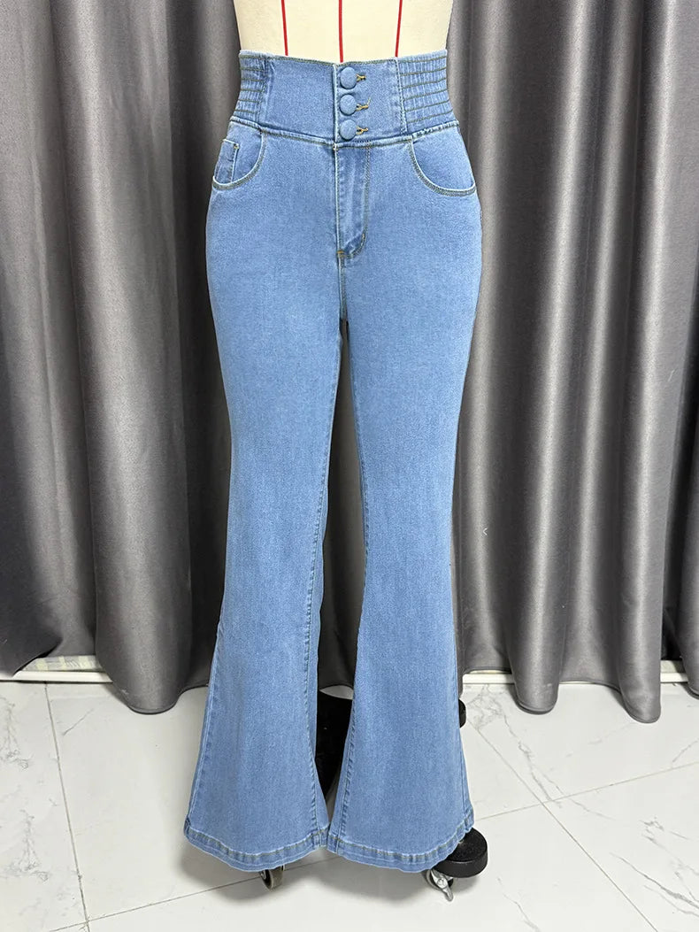 Sister Star Spring Women's New Elastic Waist Head High-waisted Button Stretch Slim Wide-legged Tencel Breathable Long Jeans