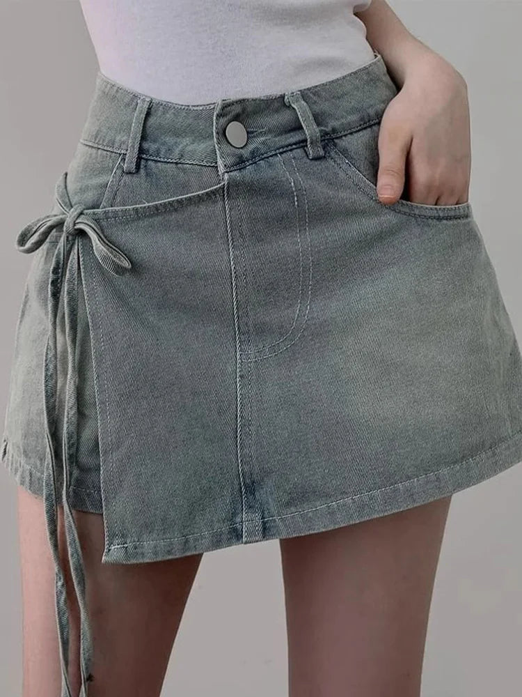 DFCF 2025 Spring Summe Jeans Streetwear Vintage Irregular Laced Up short Jeans Women Y2k Korean Fashion High Waist Straight Pant