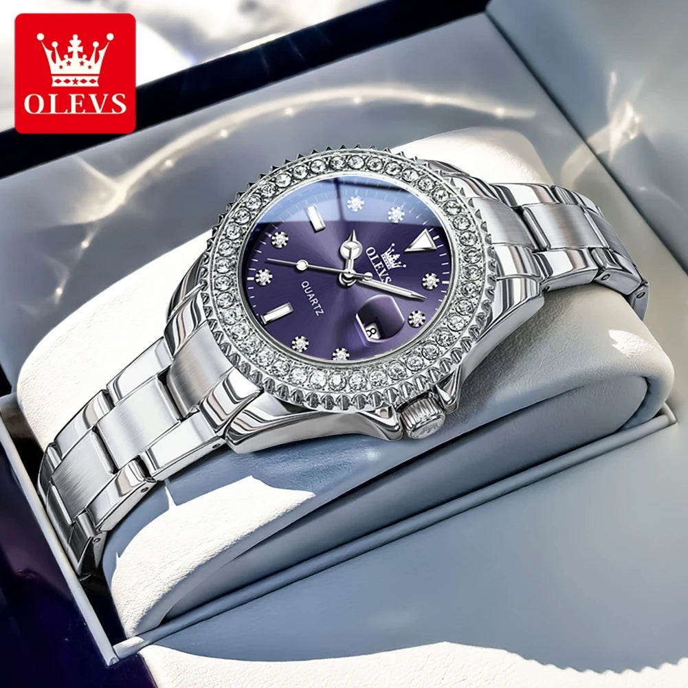 OLEVS Luxury Fashion Women's Watches Diamond Dial Luminous Quartz Watch Elegant Date Stainless Steel Original Brand Wrist Watch