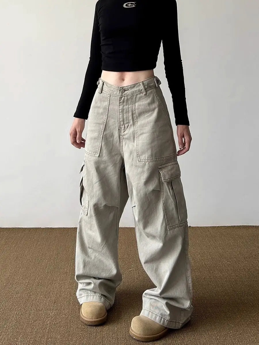 American Retro Multi-pocket Cargo Jeans With Big Pocket Do Old and Washed Jeans Denim Trousers Women Baggy Pants Y2k Clothing