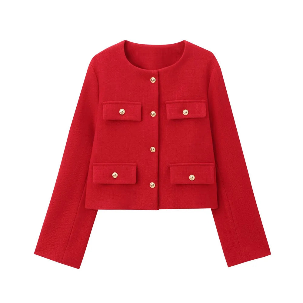UNIZERA Winter New Product Women's Fashion and Casual Versatile Round Neck Flip Decoration Short Suit Coat