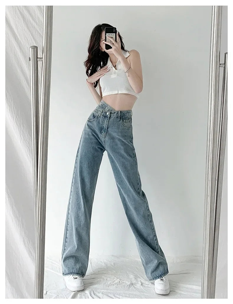Design Sensibility High-Waisted Slimming Jeans Loose-Fit Straight-Leg Women's Korean Style Tie-Detail Wide-Leg Casual Trousers