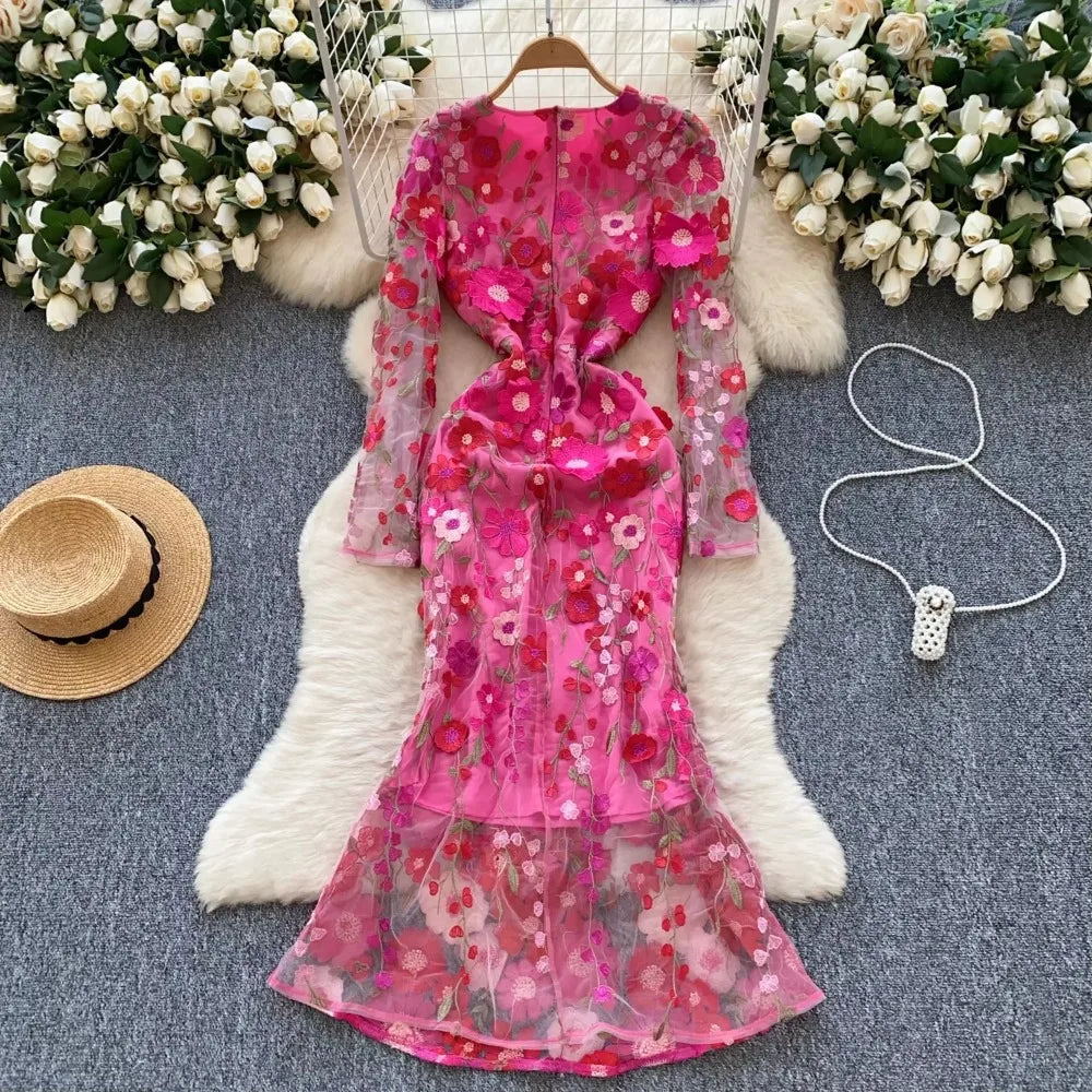 Elegant Three-dimensional Floral Embroidered Chic Long Sleeves Slim Mermaid Dresses Evening French High Street Women Clothing