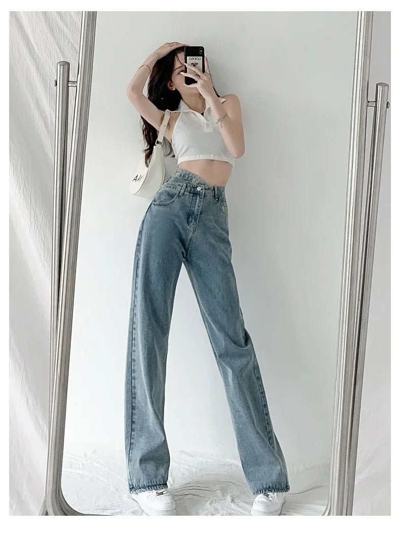Design Sensibility High-Waisted Slimming Jeans Loose-Fit Straight-Leg Women's Korean Style Tie-Detail Wide-Leg Casual Trousers