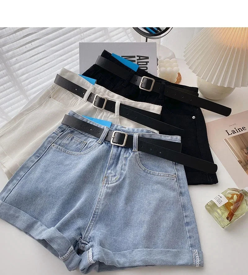 2022 New Spring Summer High-Waisted Slimming A- Line Denim Shorts Women's Loose-Fit Casual Heat Pants Rolled Edge Design
