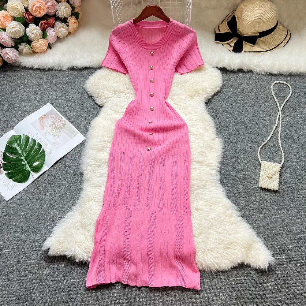 YuooMuoo 2025 Summer Women Knitted Long Dress Brand Fashion O-neck Buttons Bodycon Sweater Dress Elegant Lady Office Vestidos