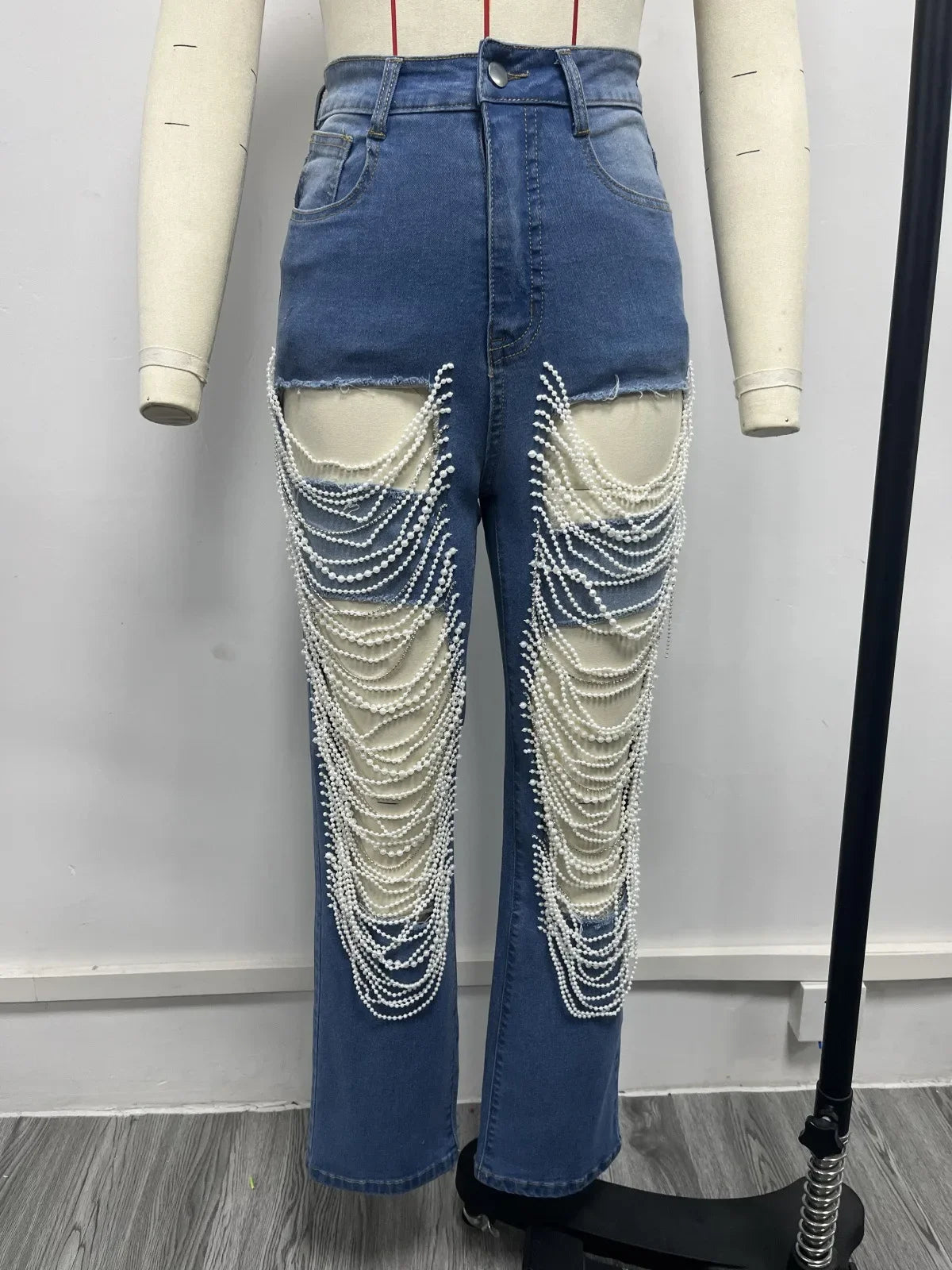 Ripped Jeans for Women Straight Pants Diamonds Chain Stretch Distressed High Waist Floor Length 2025 Streetwear Denim Trousers