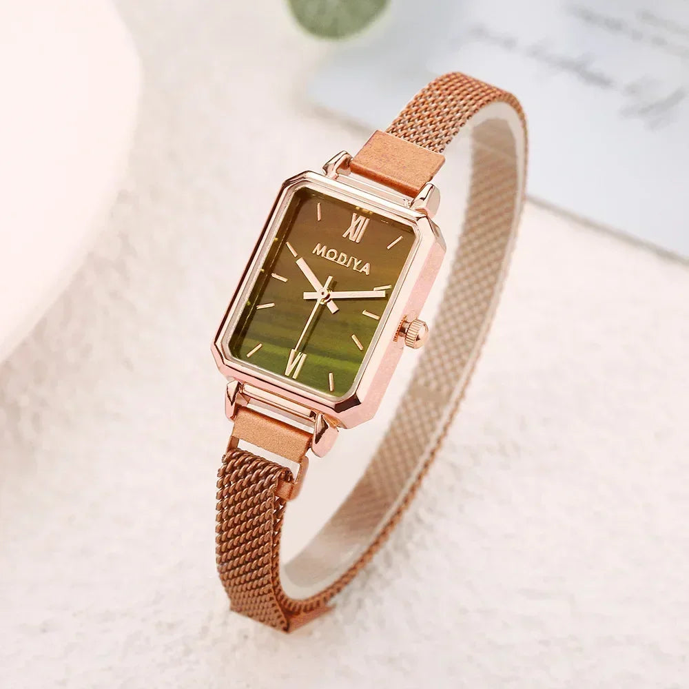 New Women Watches Fashion Square Ladies Quartz Watch Magnetic Strap Green Dial Simple Rose Gold Mesh Luxury Women Watches