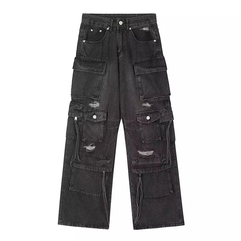 REDDACHiC Multi-pocket Destroyed Baggy Jeans Women Vintage Wash Black High Waist Wide Leg Cargo Pants Trousers Grunge Streetwear