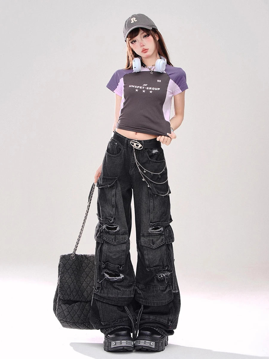 REDDACHiC Multi-pocket Destroyed Baggy Jeans Women Vintage Wash Black High Waist Wide Leg Cargo Pants Trousers Grunge Streetwear