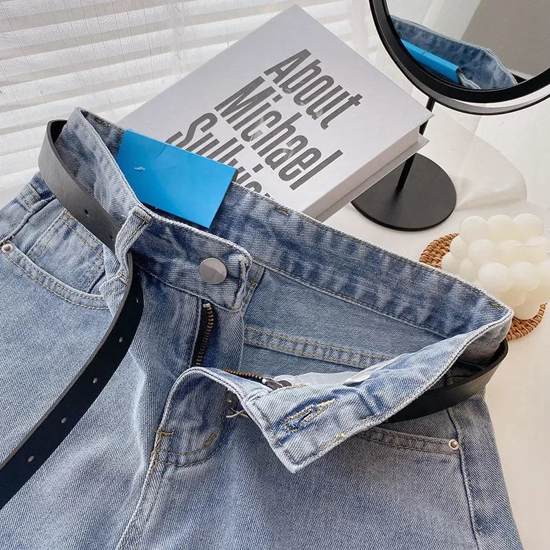 2022 New Spring Summer High-Waisted Slimming A- Line Denim Shorts Women's Loose-Fit Casual Heat Pants Rolled Edge Design