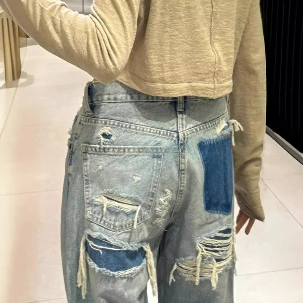 Ripped Jeans for Women Hole Pants Streetwear Low Waist Washed Distressed Pockets Denims 2025 Mom Jeans Vintage Straight Trousers