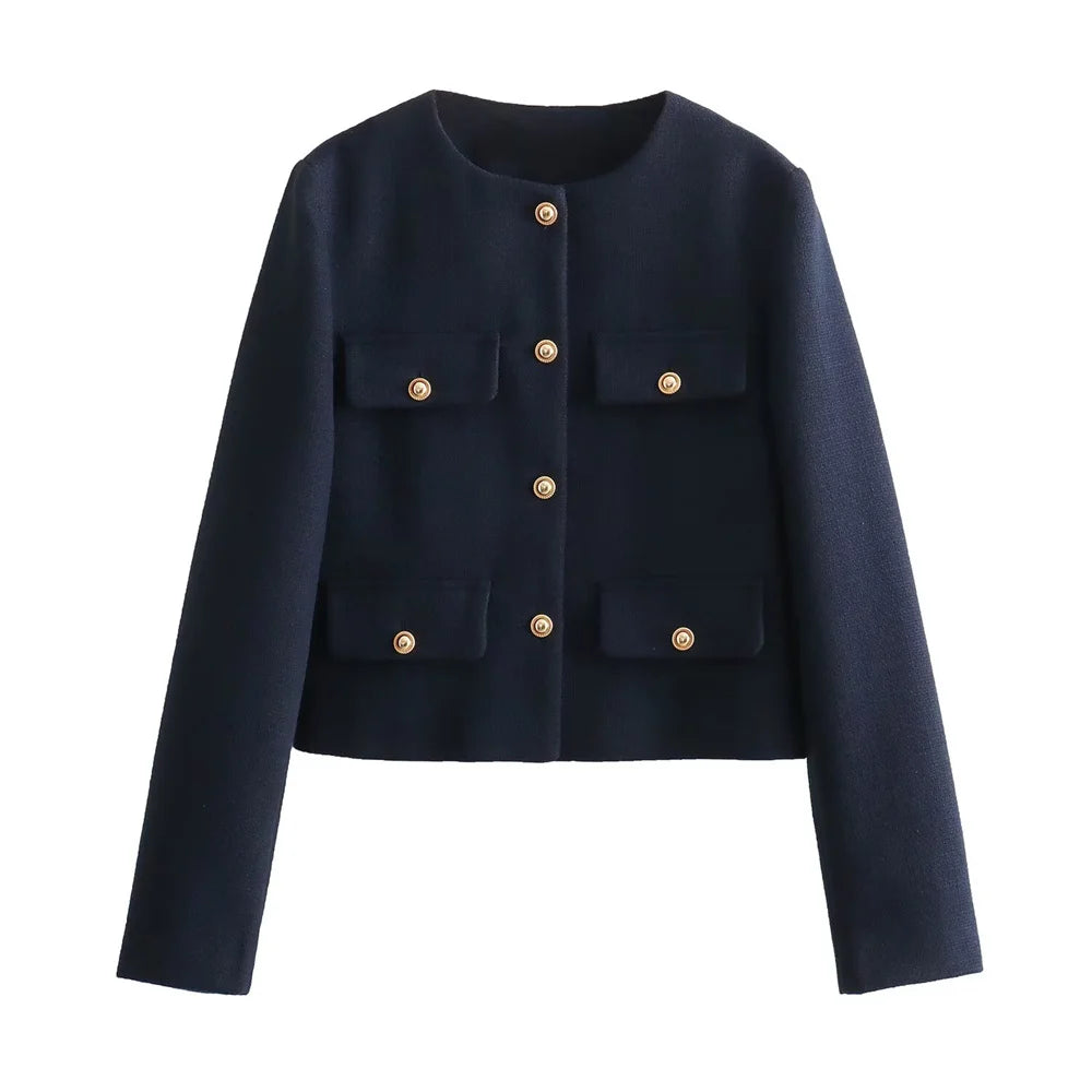 UNIZERA Winter New Product Women's Fashion and Casual Versatile Round Neck Flip Decoration Short Suit Coat