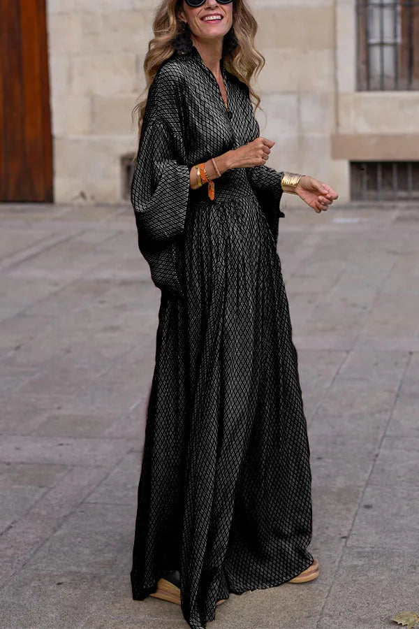Elegant Ladies Maxi Dress Women Fashion Lattice Print V Neck Dolman Sleeve Bohemia Beach Sundress Vintage Party Long Dresses