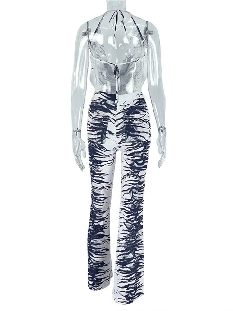 Weird Puss Zebra Print Patchwork 2 Piece Set Women Halter Lace-Up Backless Camisole+Skinny Peach Hip Pants Sexy Fashion Outfits