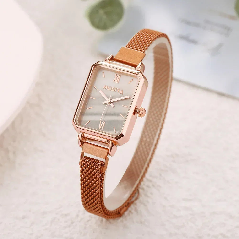 New Women Watches Fashion Square Ladies Quartz Watch Magnetic Strap Green Dial Simple Rose Gold Mesh Luxury Women Watches