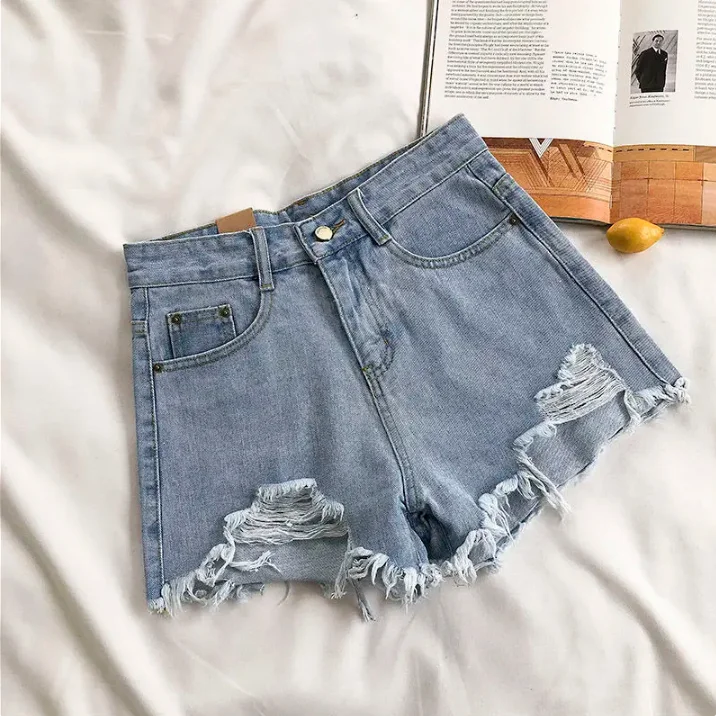 Summer New Style Wide Leg Pants Candy Color Ripped Denim Shorts Female High Waist Green A-line Women Jeans Hot Shorts Pants