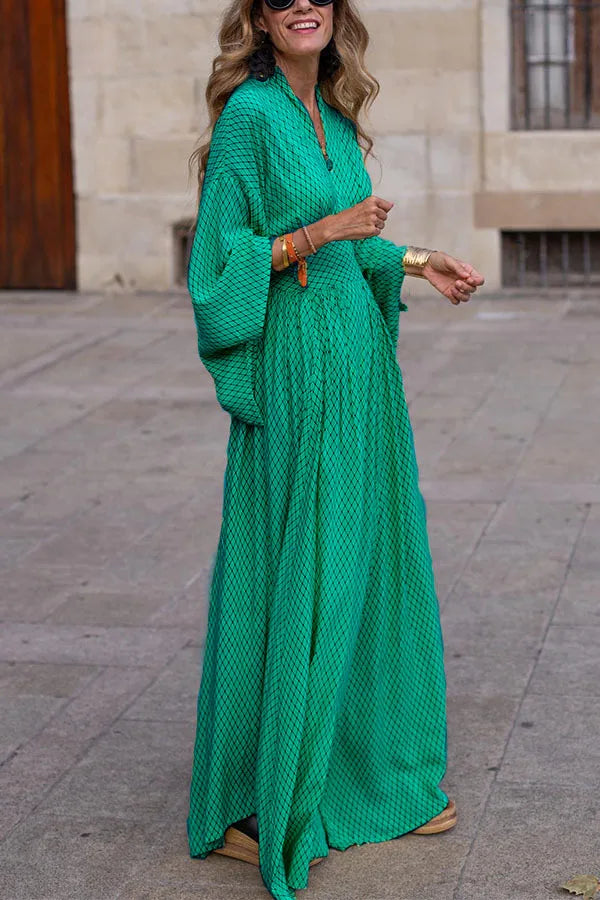 Elegant Ladies Maxi Dress Women Fashion Lattice Print V Neck Dolman Sleeve Bohemia Beach Sundress Vintage Party Long Dresses