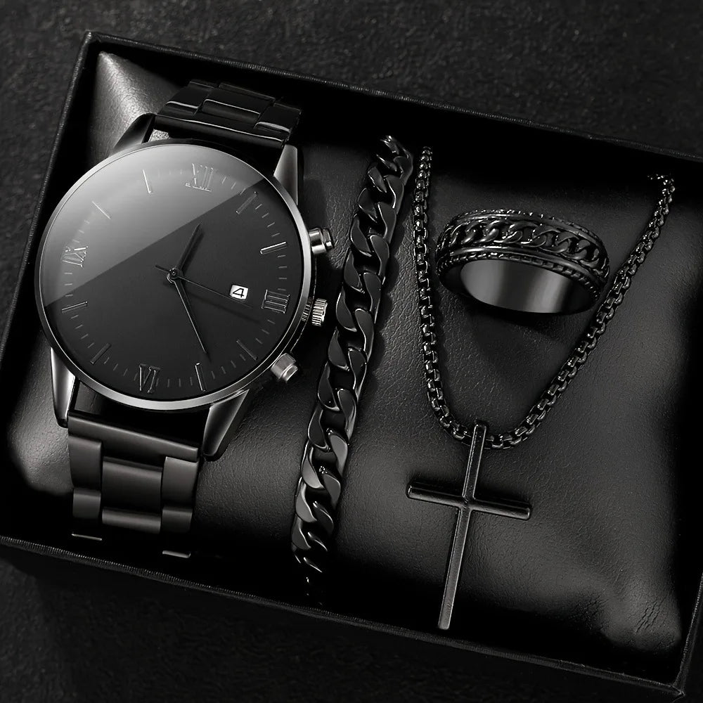 4pcs Luxury Men Business Quartz Watch Gold Alloy Roman with Calendar Wrist Watch Cross Necklace Bracelet Ring Set Men's Gift