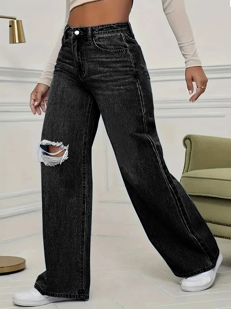 Washed Personality Hole Loose High Waist Denim Wide-leg Pants,Women's Four Seasons New Classic Fashion Casual Floor-length Jeans