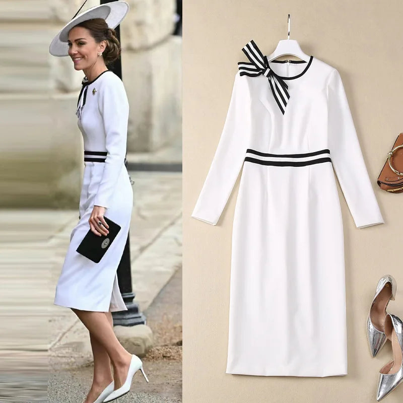 Kate Middleton Princess Dress Women Long Sleeve O-Neck Bow Dress