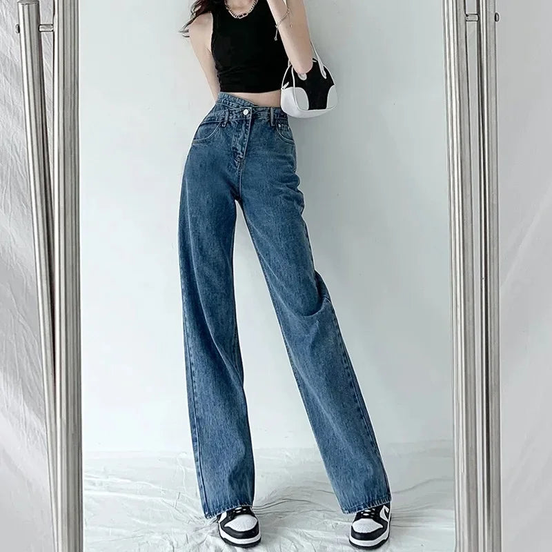 Design Sensibility High-Waisted Slimming Jeans Loose-Fit Straight-Leg Women's Korean Style Tie-Detail Wide-Leg Casual Trousers