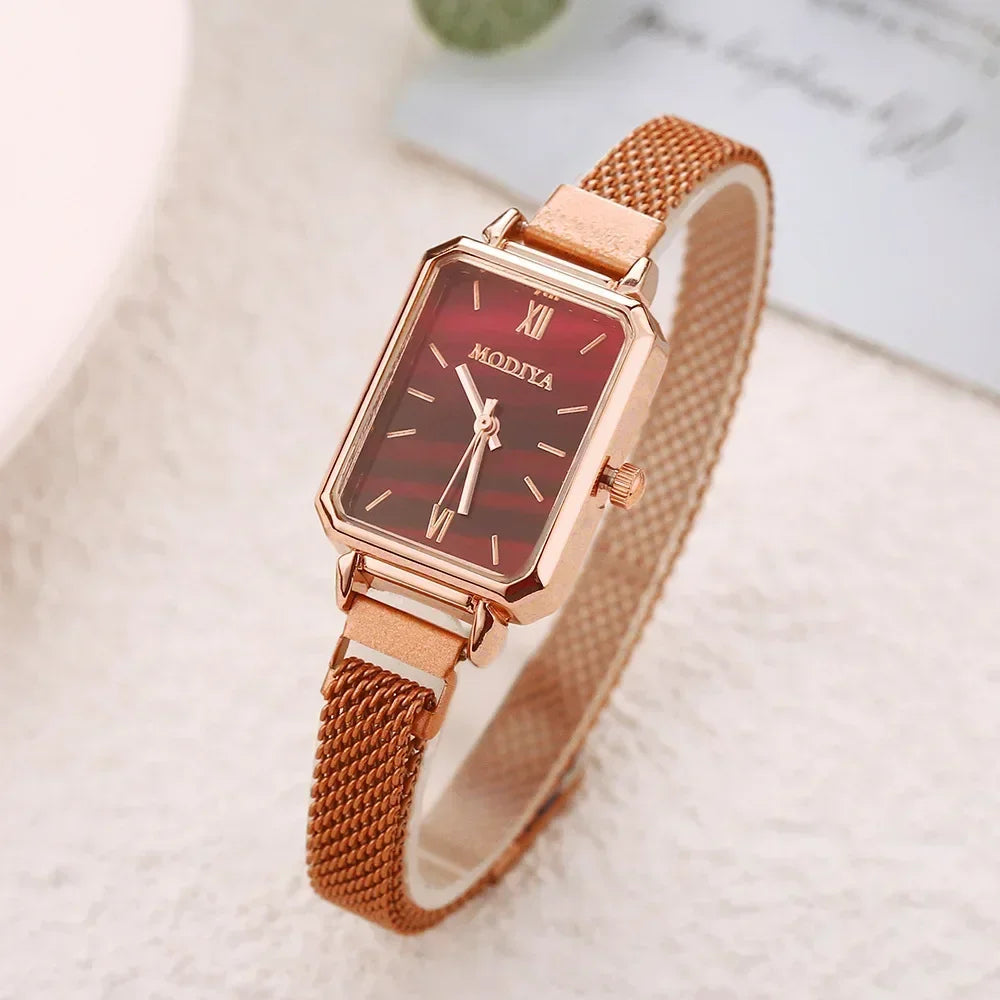 New Women Watches Fashion Square Ladies Quartz Watch Magnetic Strap Green Dial Simple Rose Gold Mesh Luxury Women Watches