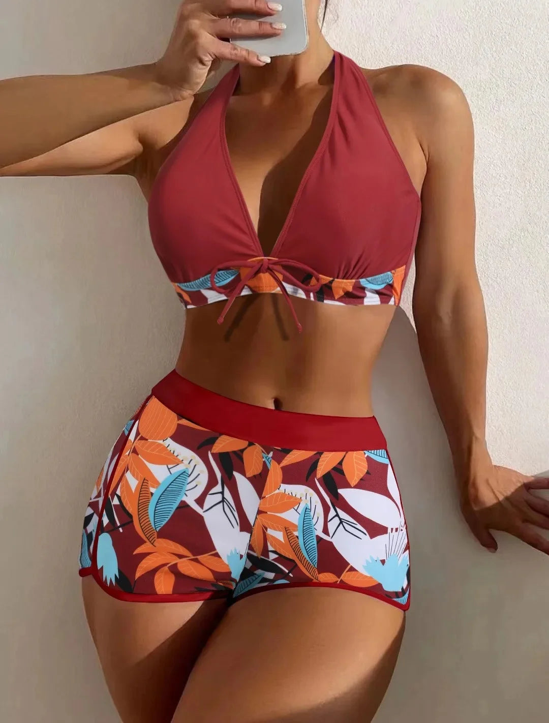 Sexy Print Halter Neck Bikini Set High Waist Women's Swimsuit Cross-Border New Arrival Hot Sale Of The Season Trendy Split Desig