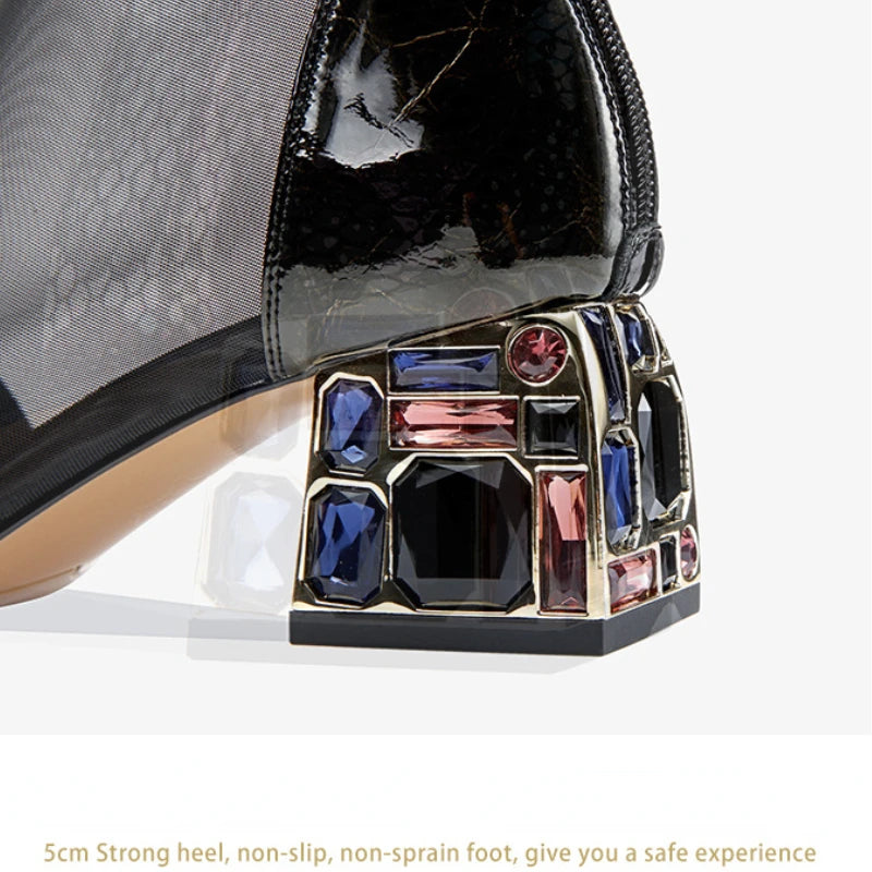 2025 New Mesh Sandals Summer Women's Ankle Boot Mid Heel Rhinestone Ponited Toe Shoes Women's heels Luxury Sexy Women sandalias