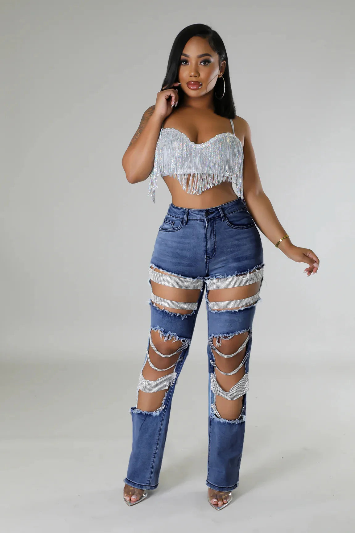 Ripped Jeans for Women Straight Pants Diamonds Chain Stretch Distressed High Waist Floor Length 2025 Streetwear Denim Trousers