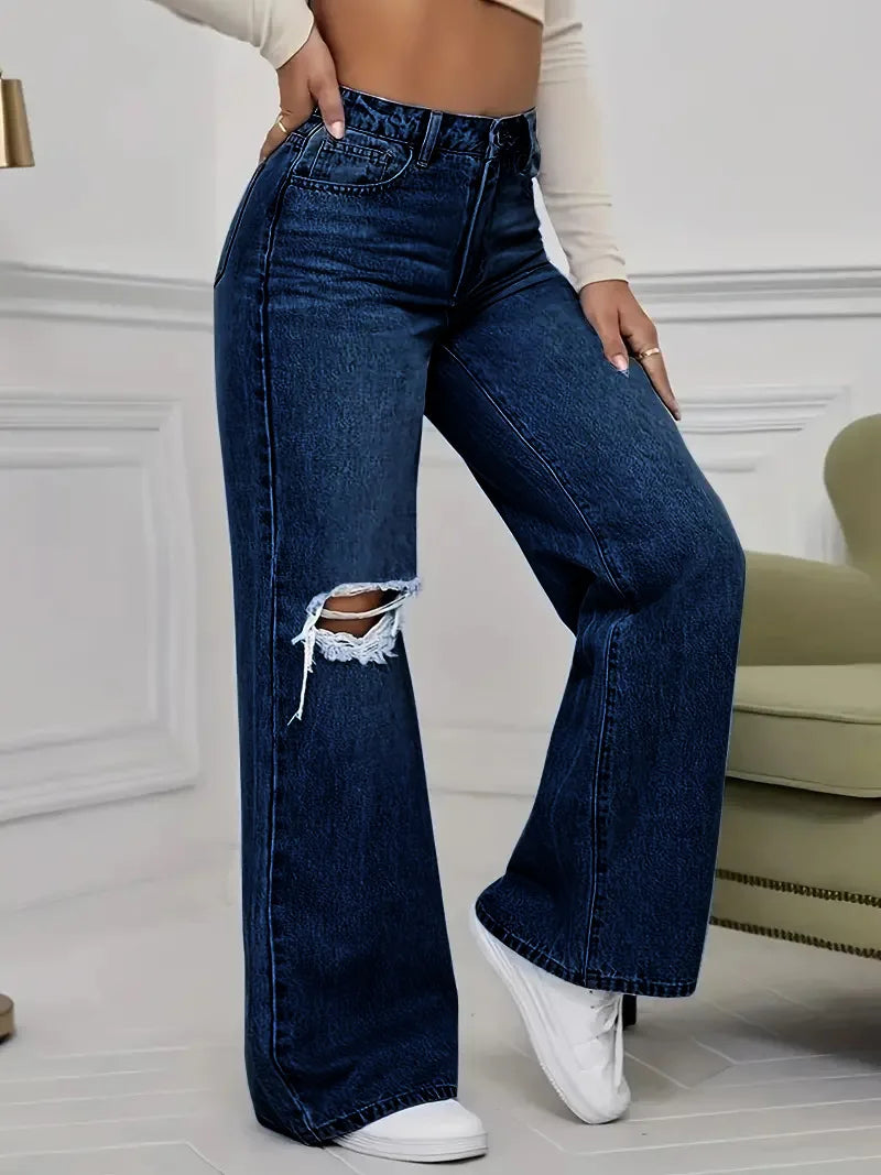 Washed Personality Hole Loose High Waist Denim Wide-leg Pants,Women's Four Seasons New Classic Fashion Casual Floor-length Jeans