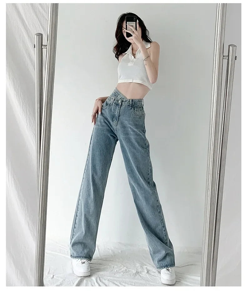 Design Sensibility High-Waisted Slimming Jeans Loose-Fit Straight-Leg Women's Korean Style Tie-Detail Wide-Leg Casual Trousers