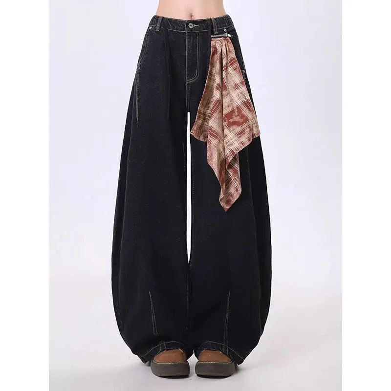 2025 NEW Women's Splicing Blue Jeans High Street Straight Leg Fashion Y2K Style American Spring Oversized Women's Loose Jeans