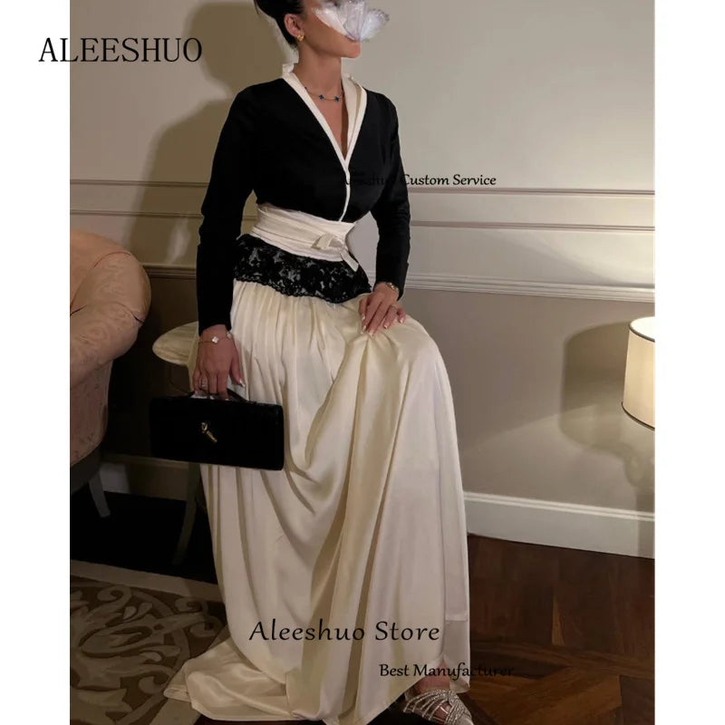 Aleeshuo Modern Satin Long Sleeve A-Line Prom Dresses Pleat Lace V-Neck Floor-Length Evening Dress Simple Black Gowns Customized