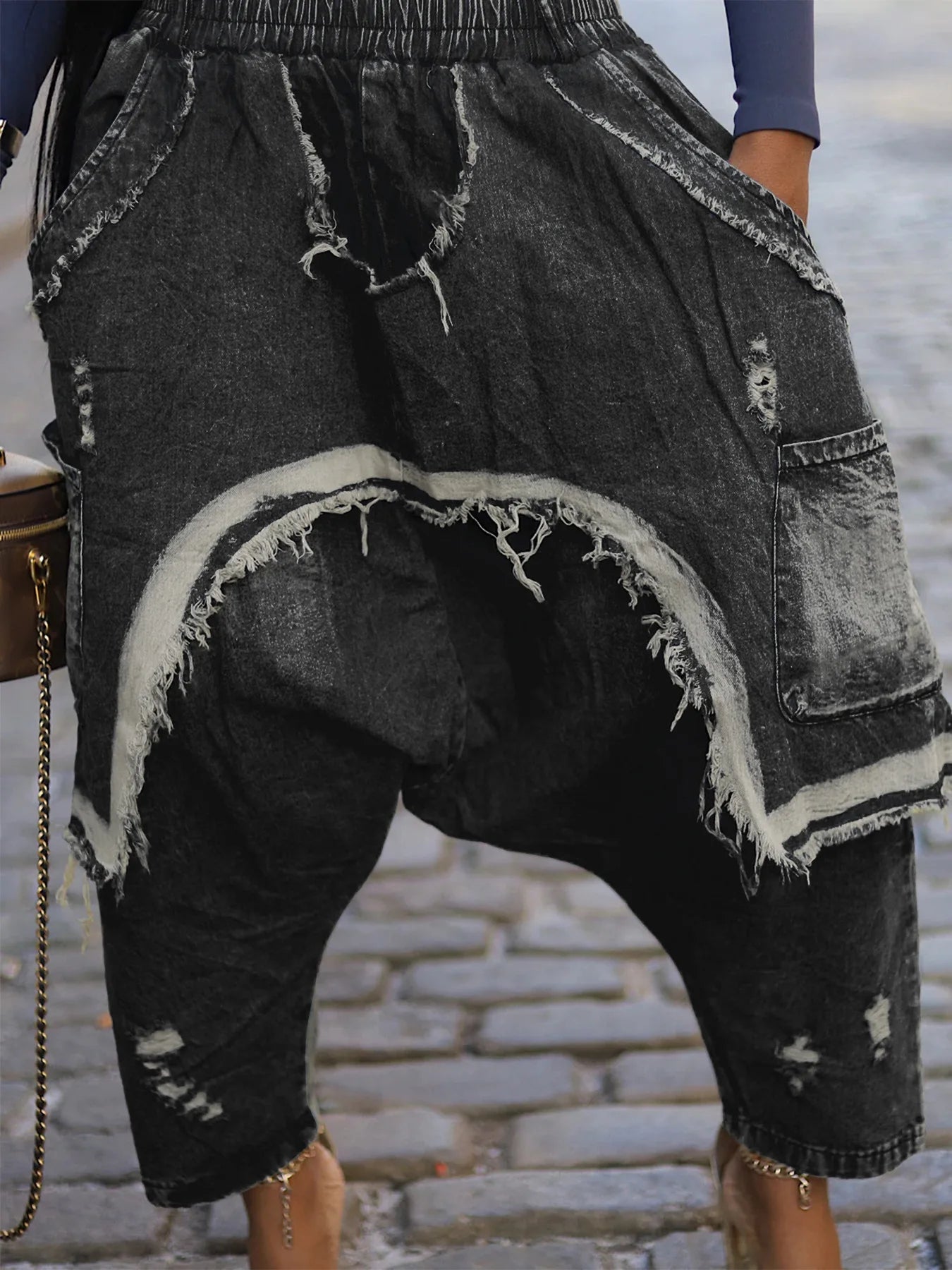 Jeans Women Harem Pants Hole Elastic Waist Tassels Washed Denim Pants Punk Y2k Streetwear 2025 Ripped Ankle Length Trousers