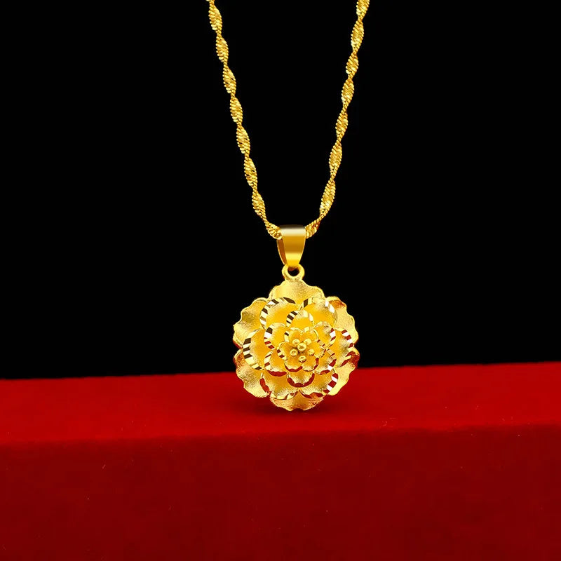 Women's 24K Gold (AU999) Stylish Flower Pendant | Openwork flower, micro-diamond halo with magnetic closure
