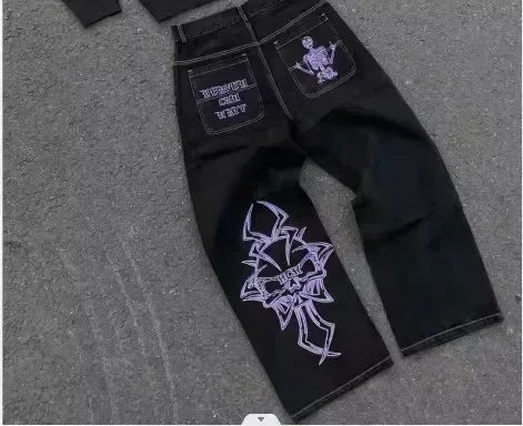 Y2k New Harajuku Retro Cherry Blossom Embroidered Blue Loose Jeans for Mens and Womens Gothic Fashion Low Waist Wide Leg Jeans