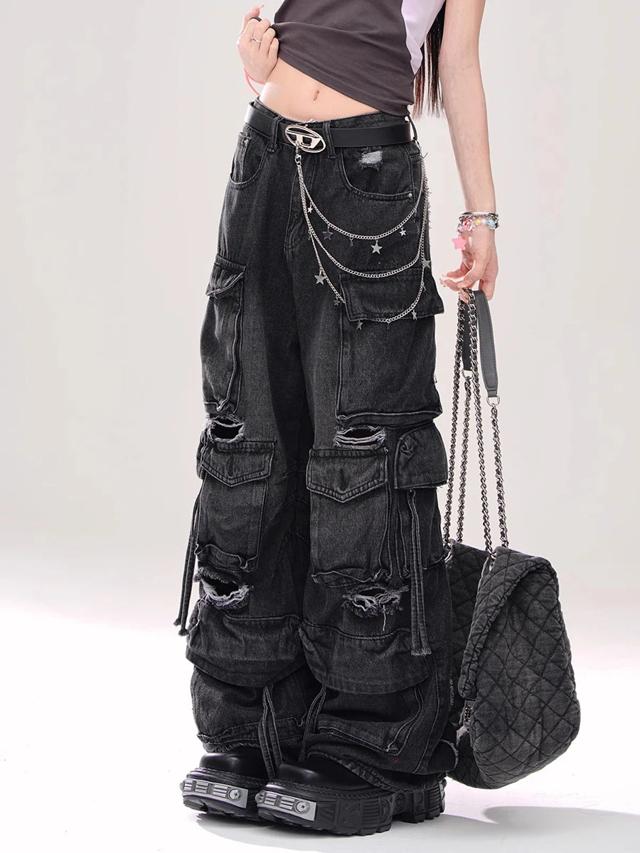 REDDACHiC Multi-pocket Destroyed Baggy Jeans Women Vintage Wash Black High Waist Wide Leg Cargo Pants Trousers Grunge Streetwear