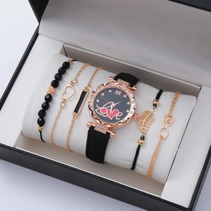 6PCS Set Watch For Women Luxury Leather Analog Ladies Quartz Wrist Watch Fashion Bracelet Watch Set Female Relogio Feminino