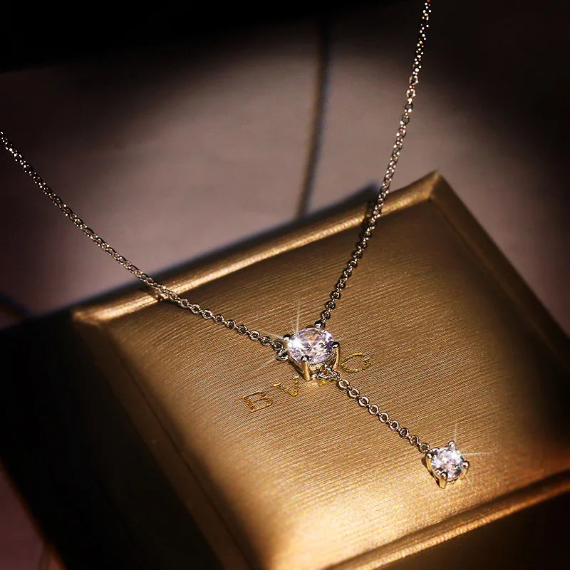 925 Silver Women's Luxury Zircon Pendant Necklace Round Cut Cubic Zirconia Necklace Charms Bride Wedding Chain Necklace Gift