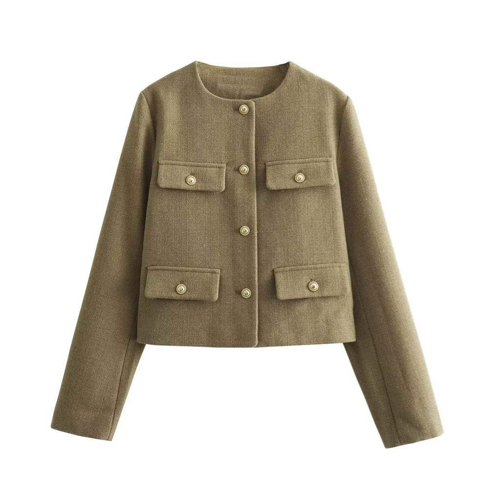 UNIZERA Winter New Product Women's Fashion and Casual Versatile Round Neck Flip Decoration Short Suit Coat
