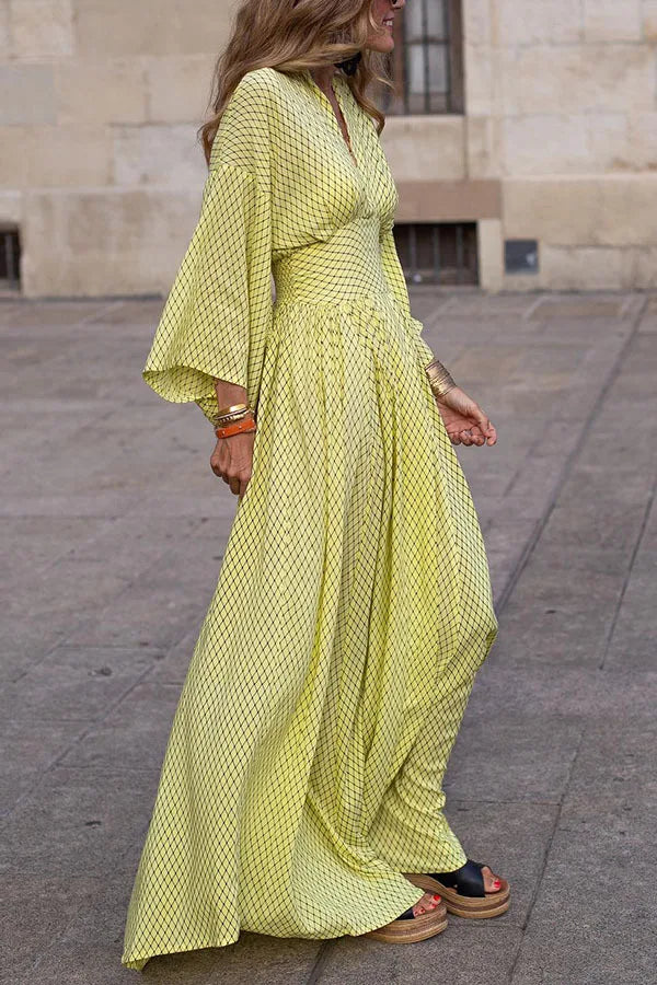 Elegant Ladies Maxi Dress Women Fashion Lattice Print V Neck Dolman Sleeve Bohemia Beach Sundress Vintage Party Long Dresses