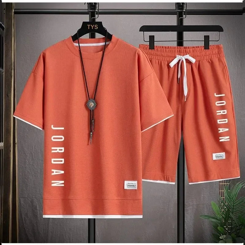 2025 summer fashion loose short sleeve casual T-shirt + shorts two-piece men's breathable fast drying fitness jogging suit