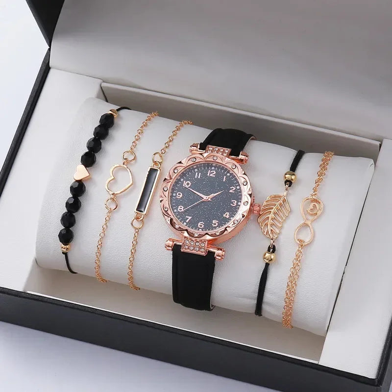 6PCS Set Watch For Women Luxury Leather Analog Ladies Quartz Wrist Watch Fashion Bracelet Watch Set Female Relogio Feminino