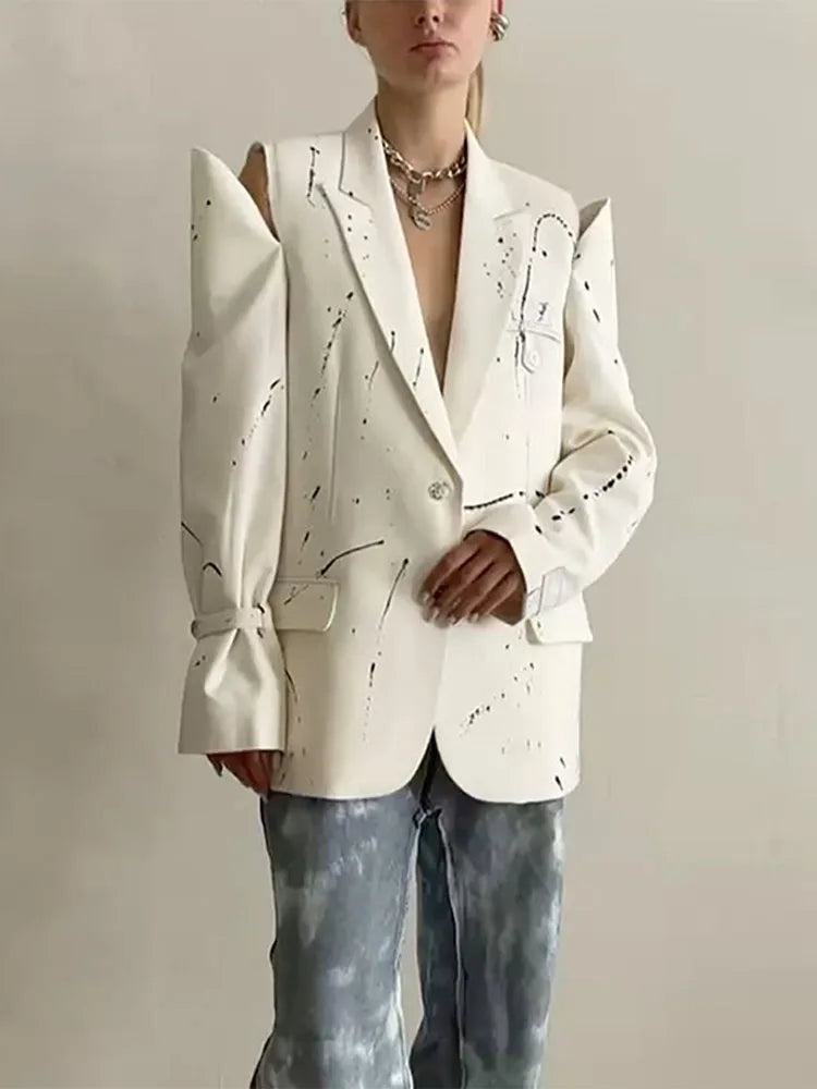 Print Cold Shoulder Long Sleeve Suit Jacket Women Fashion Turn-down Collar Single Breasted Pockets Blazers Locomotive Outerwear